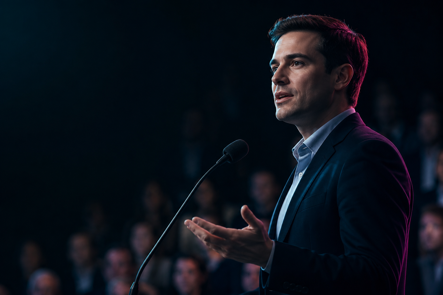 One debater speaking into a mic while composed in front of an audience