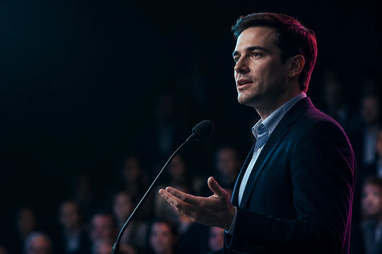 One debater speaking into a mic while composed in front of an audience