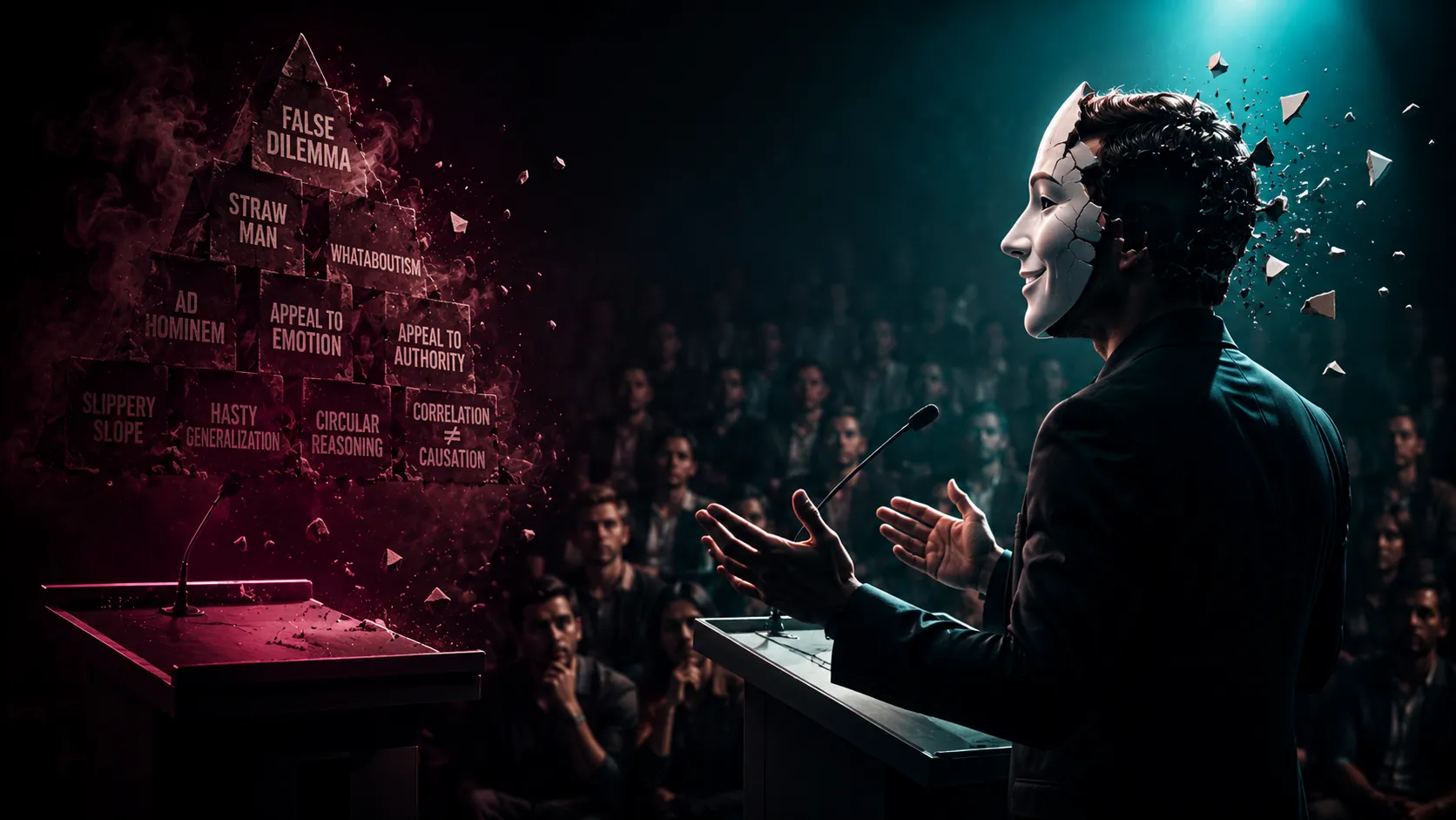 A masked debater addresses a tense audience as the mask cracks apart and a crumbling wall of common logical fallacies collapses beside him.