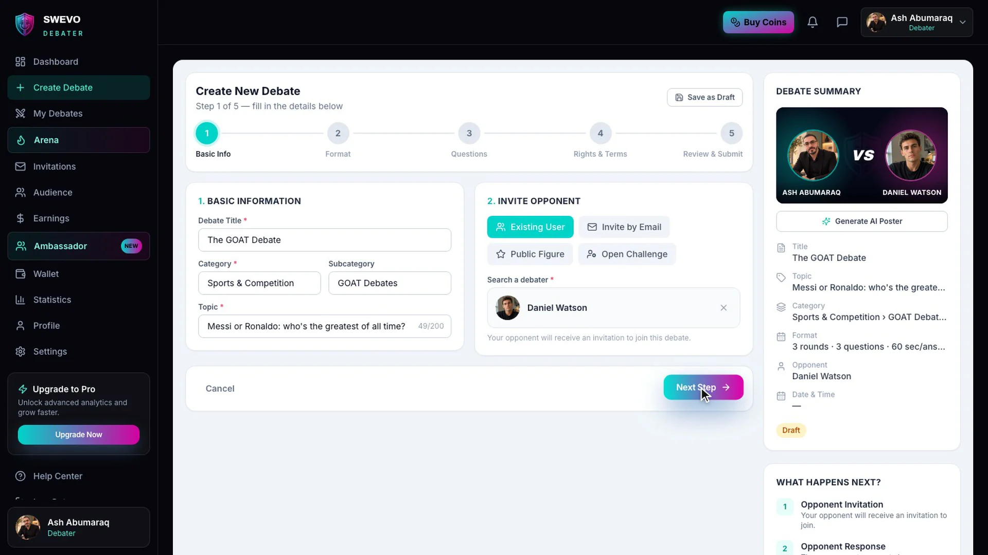 Step 1 of the Create Debate wizard with the title, category, topic and opponent filled in