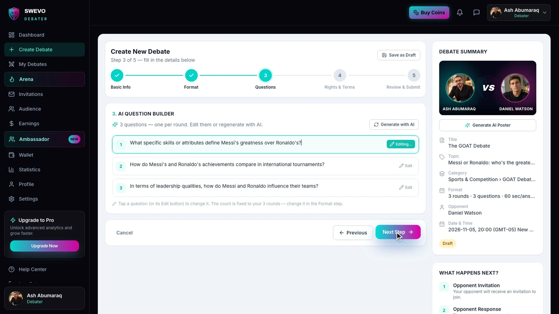 The AI Question Builder with three generated questions, one for each round