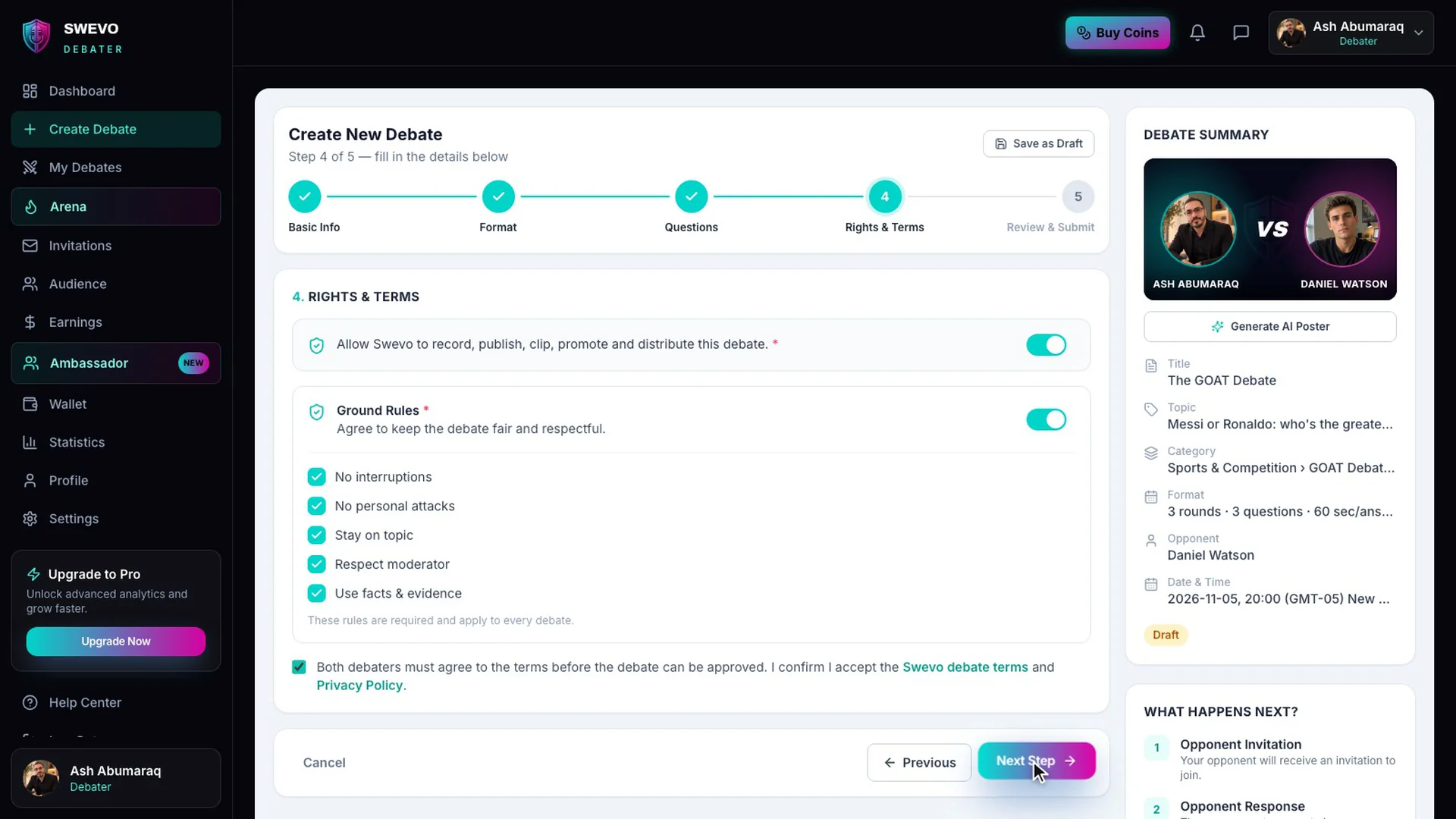The Rights and Terms step with recording consent and ground rules switched on