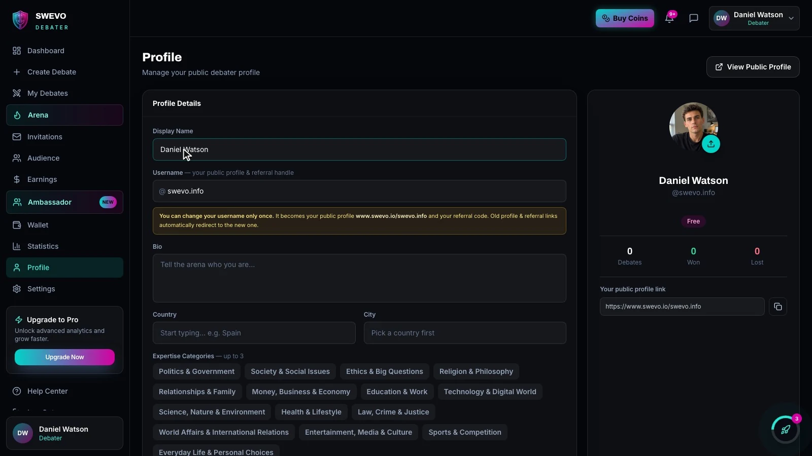 The Swevo Profile page with a new profile photo on the preview card and the display name filled in