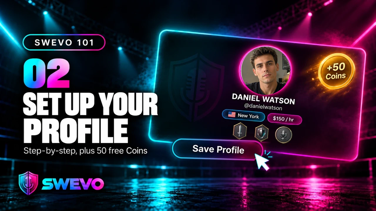 Swevo 101 episode 2 cover: Set Up Your Profile, showing Daniel Watson's debater profile card with a New York tag, a $150 per hour rate, three badges, a +50 Coins reward and a Save Profile button