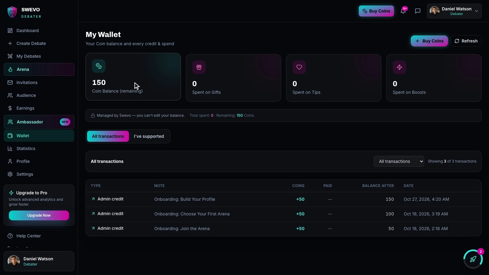 The Swevo wallet showing a 150 Coin balance and the Onboarding: Build Your Profile credit of +50