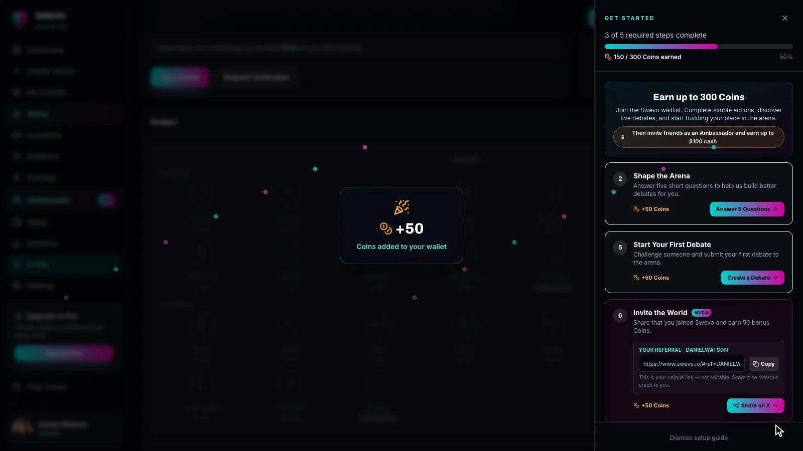 The Swevo reward pop-up showing +50 Coins added to your wallet